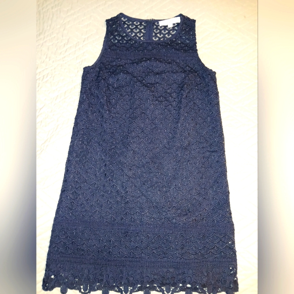 LOFT Ann Taylor Navy Blue Lined Lace Sheath Dress Sz 0P